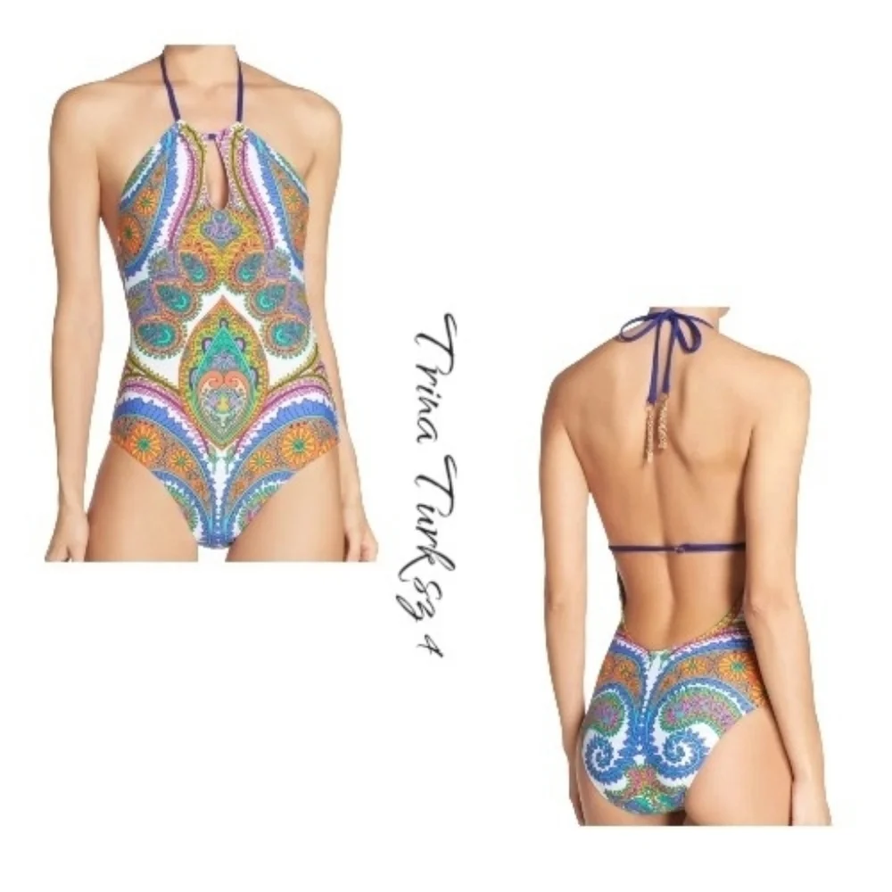 Trina Turk Pacific Paisley High Neck Halter One Piece Swimsuit 4 NWT